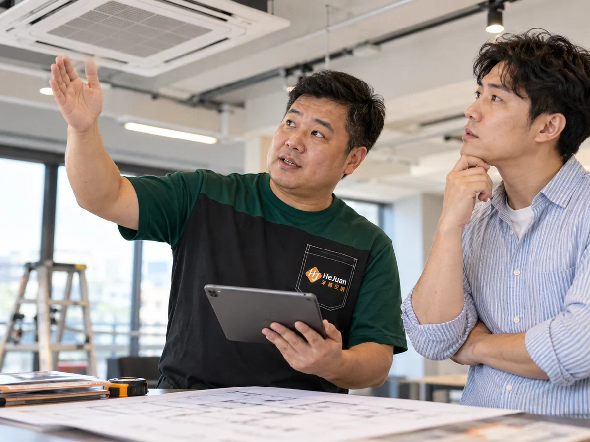 身穿禾雋制服的服務人員與客戶討論空調租賃的情境示意